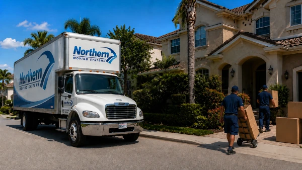 Northern Moving Systems truck outside a home with two movers wheeling boxes on a dolly