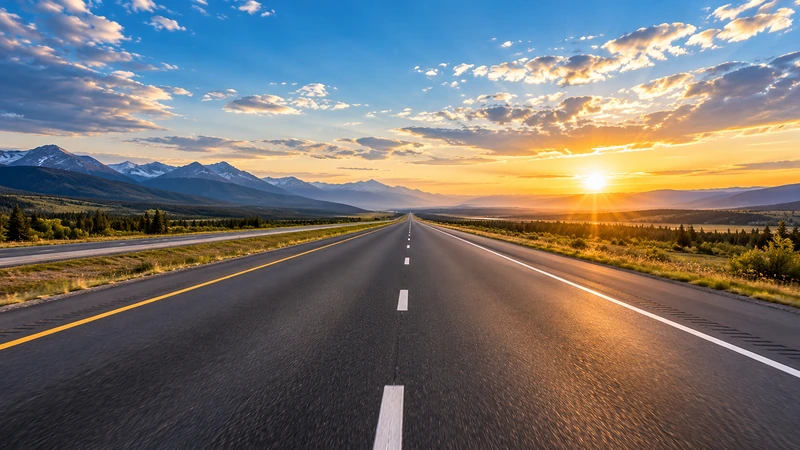 Open highway through the mountains at sunset