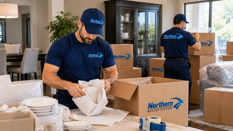 Northern Moving Systems movers wrapping dishes and packing boxes