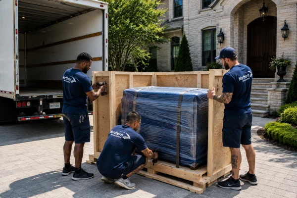 Movers building a wooden crate around wrapped furniture